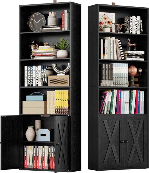 IRONCK Tall Bookshelf 70 in, Bookcases with Doors, Set of 2, Vintage Black