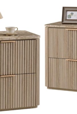 Curved Fluted Nightstand Set of 2 with Faux Marble Top, Natural Oak Curved Fluted Nightstand Set of 2 with Faux Marble Top, Natural Oak