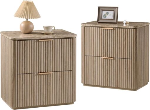 Curved Fluted Nightstand Set of 2 with Faux Marble Top, Natural Oak