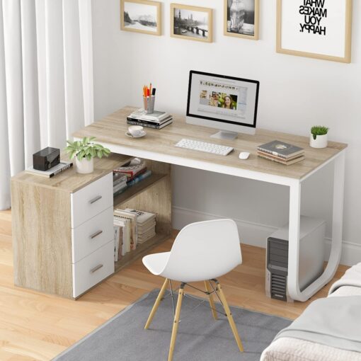 Homsee Home Office Computer Desk Corner Desk with 3 Drawers and 2 Shelves, 54 Inch Large L-Shaped Study Writing Table with Storage Cabinet – Walnut and White