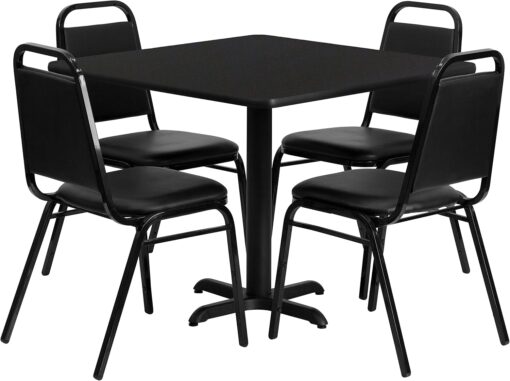 Flash Furniture 5-Piece 36″ Square Laminate Dining Table/Chairs Set, Restaurant Dining Set with Table, X-Base, and 4 Trapezoidal Back Chairs, Black