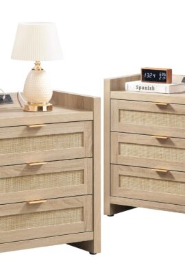 SICOTAS Rattan Nightstands Set of 2, Tall Bedside Table with 3 Drawers SICOTAS Rattan Nightstands Set of 2, Tall Bedside Table with 3 Drawers