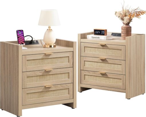 SICOTAS Rattan Nightstands Set of 2, Tall Bedside Table with 3 Drawers
