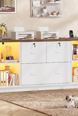 SEDETA 55″ File Cabinet with Lock, Large 3 Drawers Filing Cabinets for Home Office, Lockable Printer Stand with Storage, Power Strip, LED Light & Pegboard, White + Brown