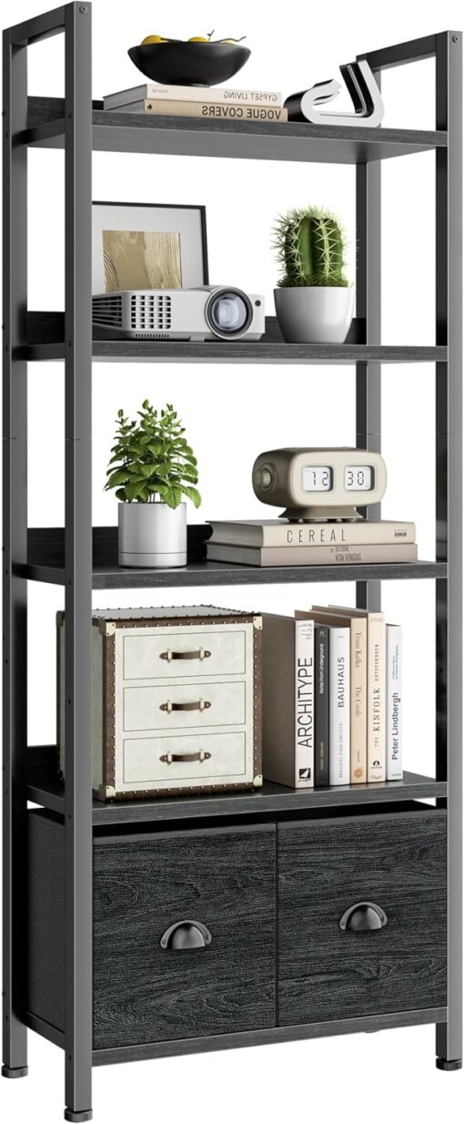 Furologee 5-Tier Bookshelf, Tall Bookcase with 2 Storage Drawers, Black Oak