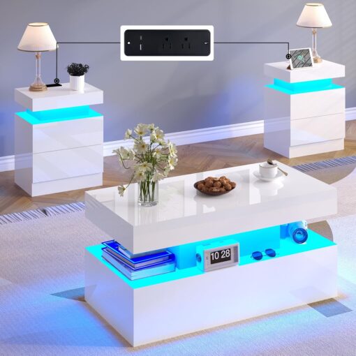 LUXOAK 3-Piece Modern Coffee Table Set with LED Lights