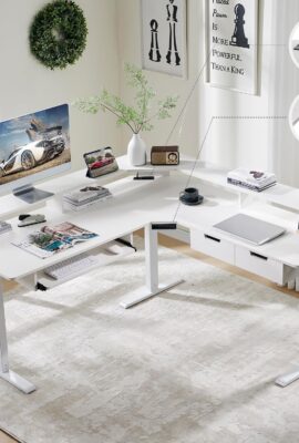RedLemon 60 Inches L Shaped Electric Standing Desk 2 Tier, Antique White